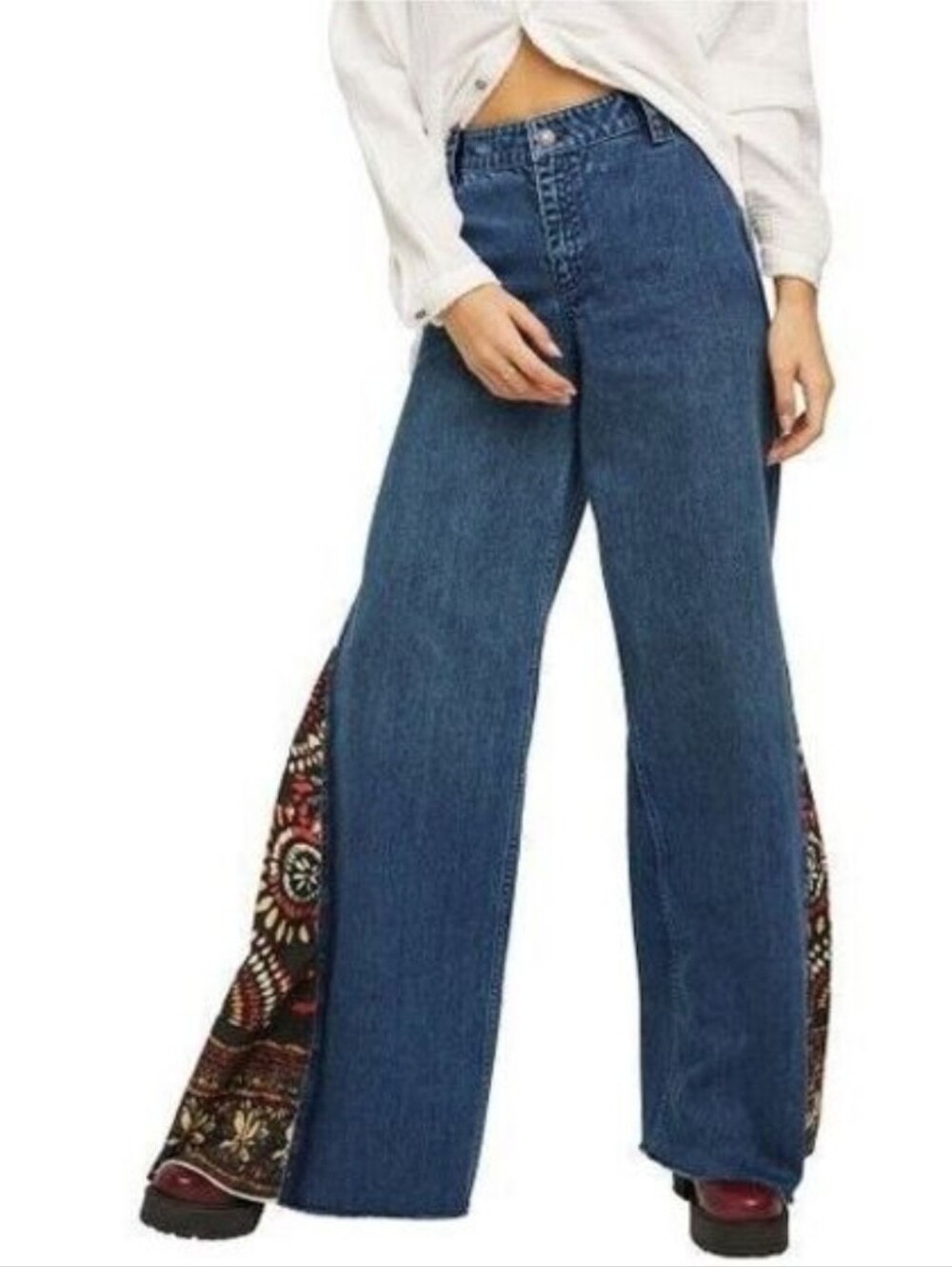Free People Flared Jeans with Paisley inset (28) - Picture 3 of 10